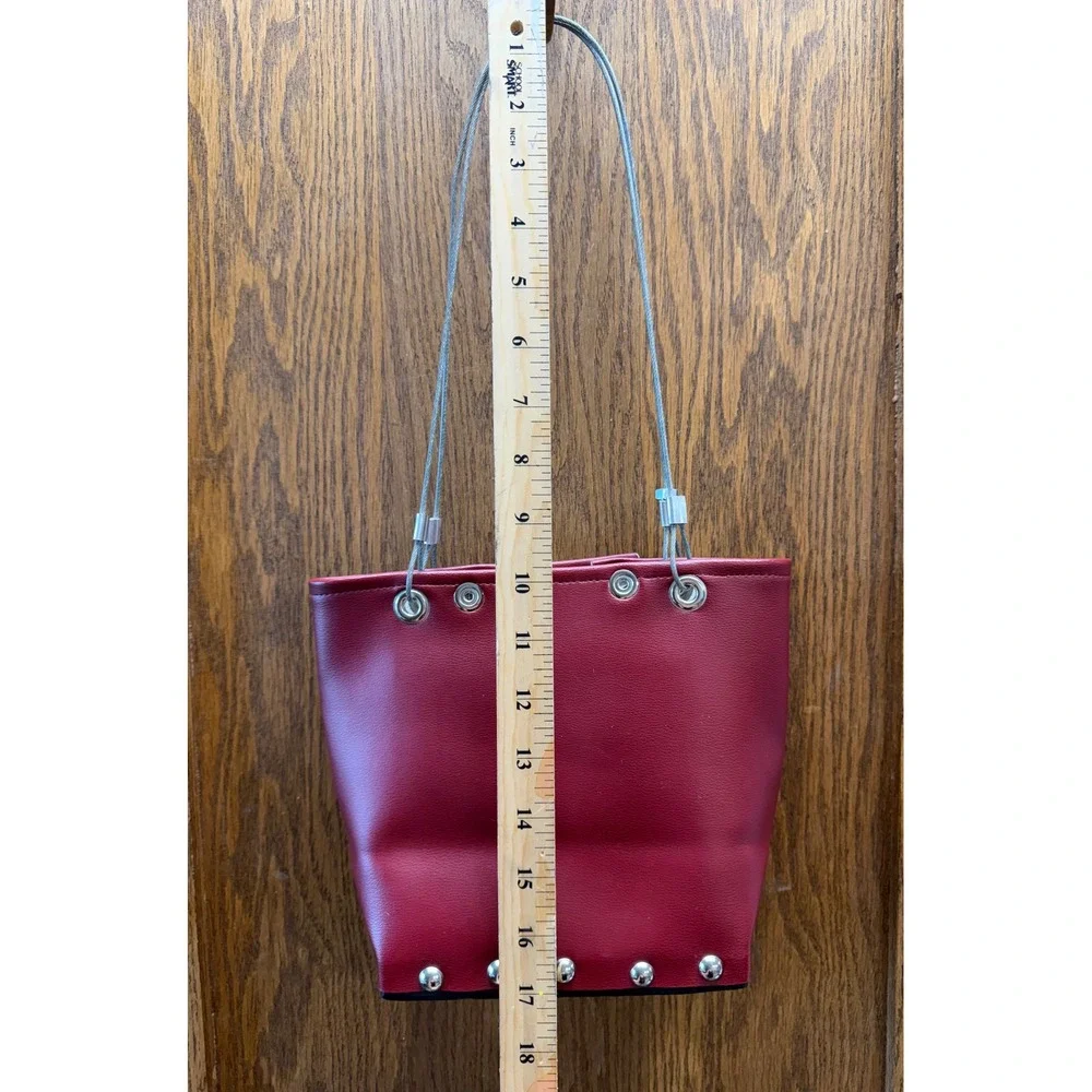 Hardwear by Renee Red Vegan Leather Studded Bucket Bag with Wire Cable Straps